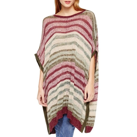 Two by Vince Camuto Striped Knit Poncho Bohemian Chic Fall Purple/Green Sz Small - Picture 1 of 10